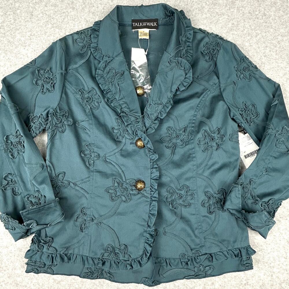Keke Collection Teal Floral Ruffle Jacket Womens M Cotton NWT Talk of the Walk